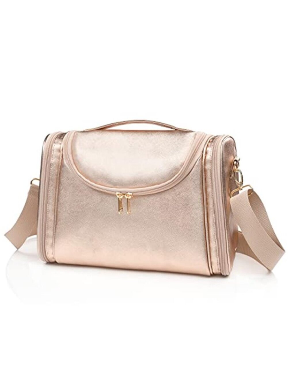 Large Rose Gold Makeup Bag Vegan Leather Waterproof Travel Toiletry Shoulder